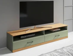 OTTO home Lowboard »Ribe,140cm breit,38cm hoch mit 2 Klappen,Oberplatte aus Massivholz« Eiche massiv,Melamin in Salbeigrün,schwarze Metall Griffe