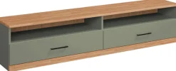 OTTO home Lowboard »Ribe,140cm breit,38cm hoch mit 2 Klappen,Oberplatte aus Massivholz« Eiche massiv,Melamin in Salbeigrün,schwarze Metall Griffe