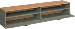 OTTO home Lowboard »Ribe,140cm breit,38cm hoch mit 2 Klappen,Oberplatte aus Massivholz« Eiche massiv,Melamin in Salbeigrün,schwarze Metall Griffe
