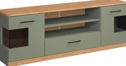 OTTO home Lowboard »Ribe,160cm breit,55cm hoch,Oberplatte Eiche massiv« Eiche massiv,Melamin in Salbeigrün,schwarze Metall Griffe
