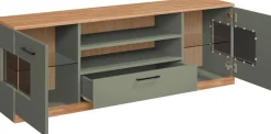 OTTO home Lowboard »Ribe,160cm breit,55cm hoch,Oberplatte Eiche massiv« Eiche massiv,Melamin in Salbeigrün,schwarze Metall Griffe