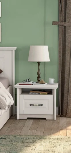 OTTO home Nachtkommode »Evergreen, Maße: B/T/H 56/42/45cm, Soft-Close-Funktion« 1 offenes Fach und 1 Schublade mit dekoriertem Metallgriff,im klassischen Landhausstil,FSC-zertifiziert,hochwertige UV Lackierung