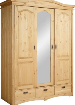 OTTO home Schiebetürenschrank »Konrad, Landhausstil, rustikal, mit Schubladen + Spiegel, Kassetten« massive Kiefer, FSC®-zertifiziert, Messinggriffe