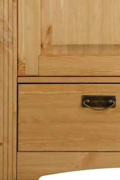 OTTO home Schiebetürenschrank »Konrad, Landhausstil, rustikal, mit Schubladen + Spiegel, Kassetten« massive Kiefer, FSC®-zertifiziert, Messinggriffe