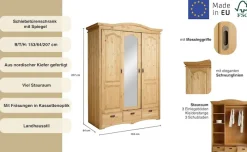 OTTO home Schiebetürenschrank »Konrad, Landhausstil, rustikal, mit Schubladen + Spiegel, Kassetten« massive Kiefer, FSC®-zertifiziert, Messinggriffe