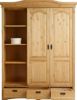 OTTO home Schiebetürenschrank »Konrad, Landhausstil, rustikal, mit Schubladen + Spiegel, Kassetten« massive Kiefer, FSC®-zertifiziert, Messinggriffe