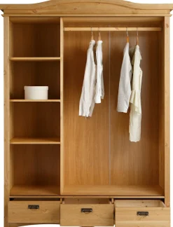 OTTO home Schiebetürenschrank »Konrad, Landhausstil, rustikal, mit Schubladen + Spiegel, Kassetten« massive Kiefer, FSC®-zertifiziert, Messinggriffe