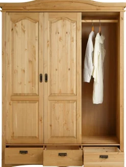 OTTO home Schiebetürenschrank »Konrad, Landhausstil, rustikal, mit Schubladen + Spiegel, Kassetten« massive Kiefer, FSC®-zertifiziert, Messinggriffe