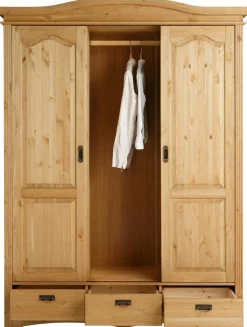 OTTO home Schiebetürenschrank »Konrad, Landhausstil, rustikal, mit Schubladen + Spiegel, Kassetten« massive Kiefer, FSC®-zertifiziert, Messinggriffe