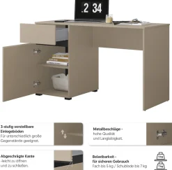 OTTO home Schreibtisch »Cross, Breite 130 cm, praktischer Computertisch« Bürotisch mit 1 Schublade und Tür, Tischplatte mit Kabeldurchführung