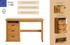 OTTO home Schreibtisch »Konrad« aus zertifiziertem Massivholz, mit Schubladen, Breite 129 cm