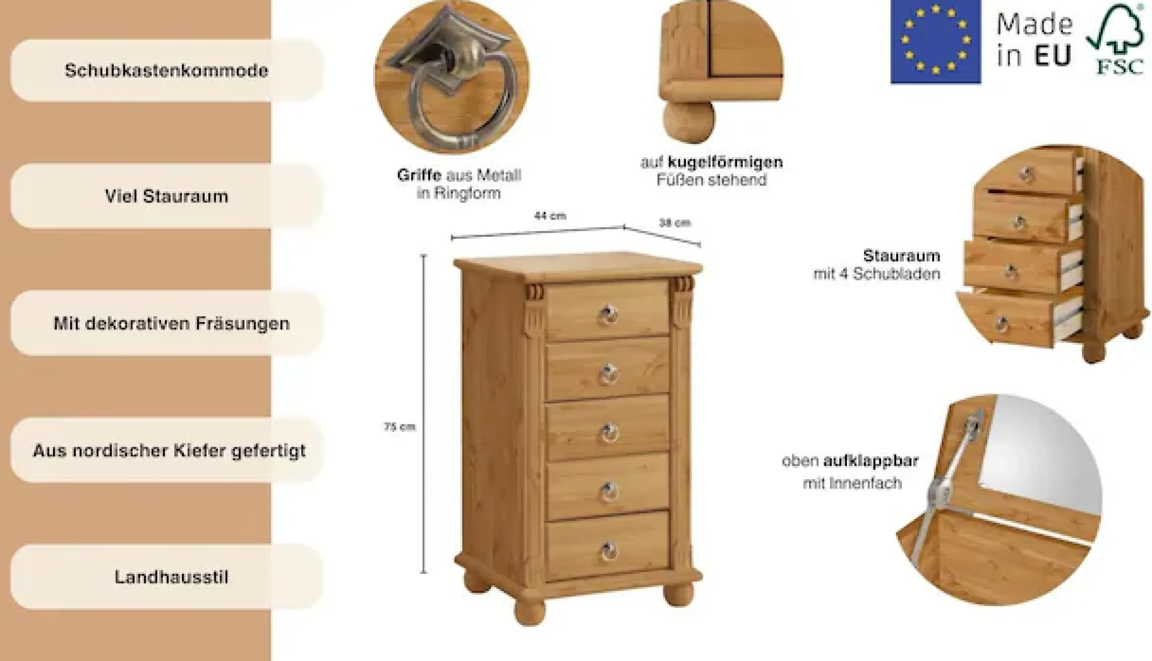 OTTO home Schubkastenkommode »Tessin« Schminkkommode mit Spiegel, aus massiver Kiefer, FSC®-zertifiziert
