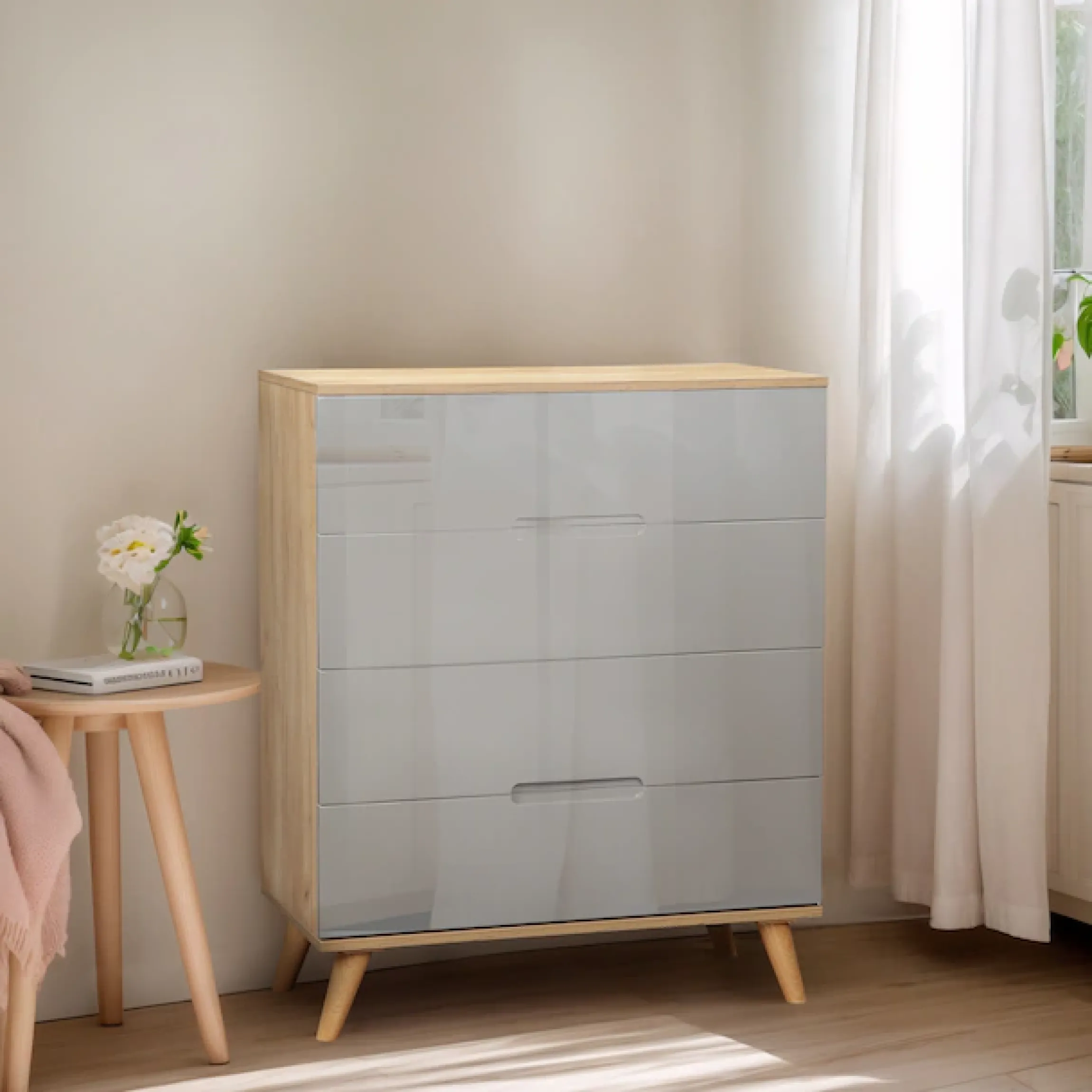 OTTO home Schubkastenkommode »Lund Schlafzimmerschrank Wäscheschrank mit hochglänzenden Fronten« Kommode mit 4 Schubladen für viel Stauraum,Schlafzimmerkommode Bestseller im skandinavischem Design