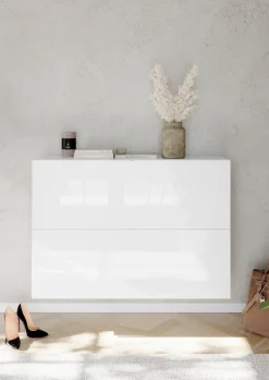 OTTO home Schuhschrank »SMILE Breite 104 cm, 2 Klappen, komplett Weiß Hochglanz lackiert,« Schuhkipper hängend o. stehend montierbar, 4 Fächer, Metallgriffe