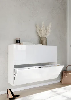 OTTO home Schuhschrank »SMILE Breite 104 cm, 2 Klappen, komplett Weiß Hochglanz lackiert,« Schuhkipper hängend o. stehend montierbar, 4 Fächer, Metallgriffe