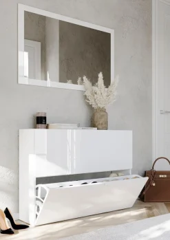 OTTO home Schuhschrank »SMILE Breite 104 cm, 2 Klappen, komplett Weiß Hochglanz lackiert,« Schuhkipper hängend o. stehend montierbar, 4 Fächer, Metallgriffe
