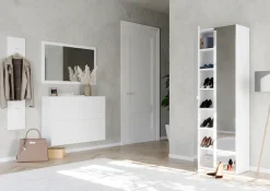 OTTO home Schuhschrank »SMILE Breite 104 cm, 2 Klappen, komplett Weiß Hochglanz lackiert,« Schuhkipper hängend o. stehend montierbar, 4 Fächer, Metallgriffe