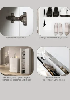 OTTO home Schuhschrank »SMILE Breite 104 cm, 2 Klappen, komplett Weiß Hochglanz lackiert,« Schuhkipper hängend o. stehend montierbar, 4 Fächer, Metallgriffe