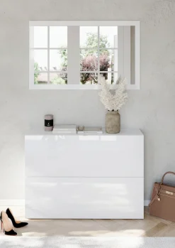 OTTO home Schuhschrank »SMILE Breite 104 cm, 2 Klappen, komplett Weiß Hochglanz lackiert,« Schuhkipper hängend o. stehend montierbar, 4 Fächer, Metallgriffe