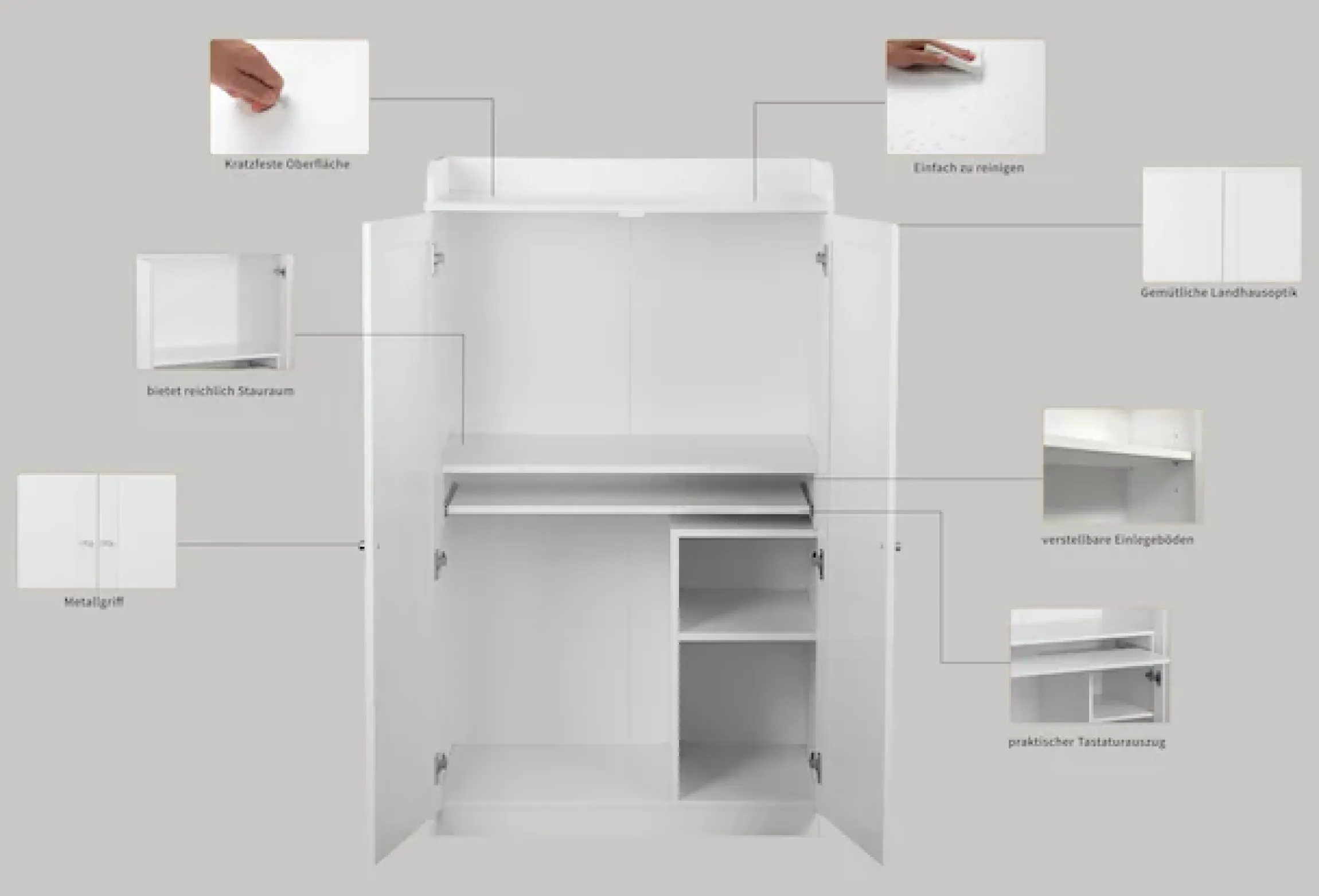 OTTO home Sekretär »Aalborg« PC-Schrank im Landhaus-Stil, Tastaturauszug, Stauraum, 80x134,5 cm
