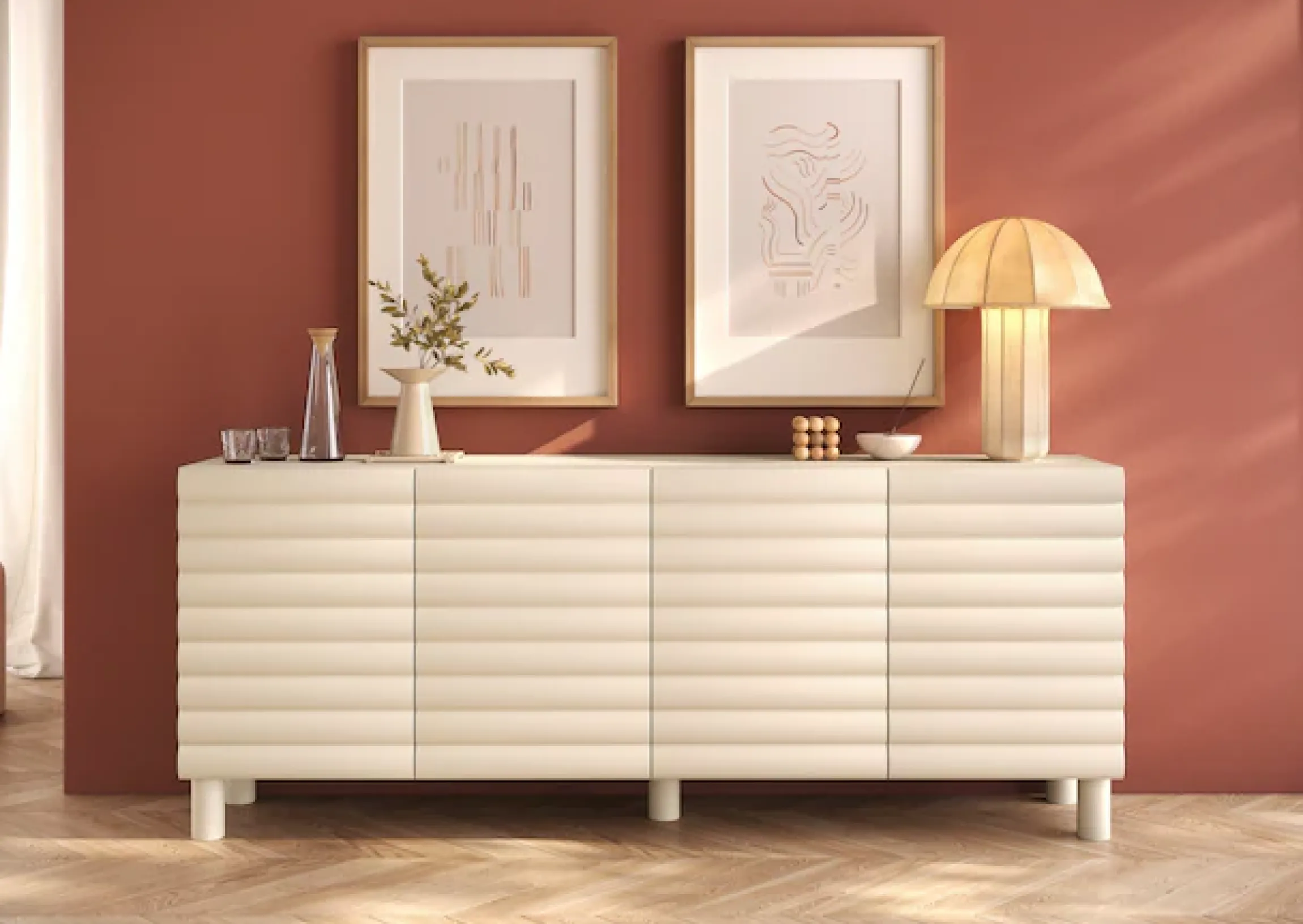 OTTO home Sideboard »Adria, 202 cm breit, 4 Türen, Anrichte, Kommode, Stauraumschrank« Korpus Talco Spatolato, MDF-Fronten in 3D-Design, viel Stauraum