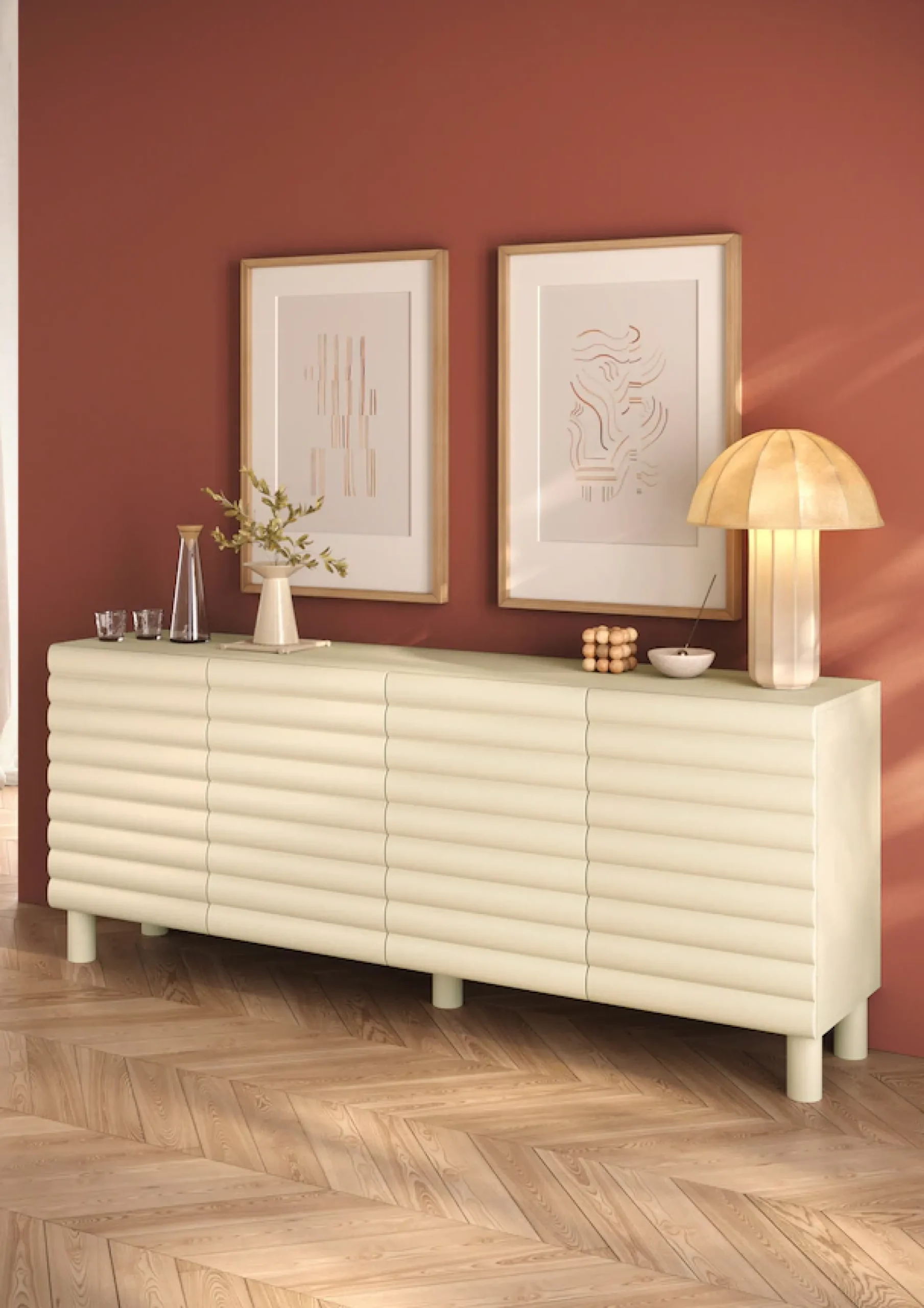 OTTO home Sideboard »Adria, 202 cm breit, 4 Türen, Anrichte, Kommode, Stauraumschrank« Korpus Talco Spatolato, MDF-Fronten in 3D-Design, viel Stauraum