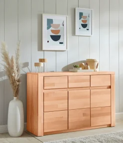 OTTO home Sideboard »Burano,127cm breit, Fronten Massivholz,3 Türen,3 Schubladen,6 Fächer« Holz massiv,Holzwerkstoff,Griffmulden,Böden variabel einsetzbar