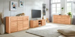 OTTO home Sideboard »Burano,127cm breit, Fronten Massivholz,3 Türen,3 Schubladen,6 Fächer« Holz massiv,Holzwerkstoff,Griffmulden,Böden variabel einsetzbar