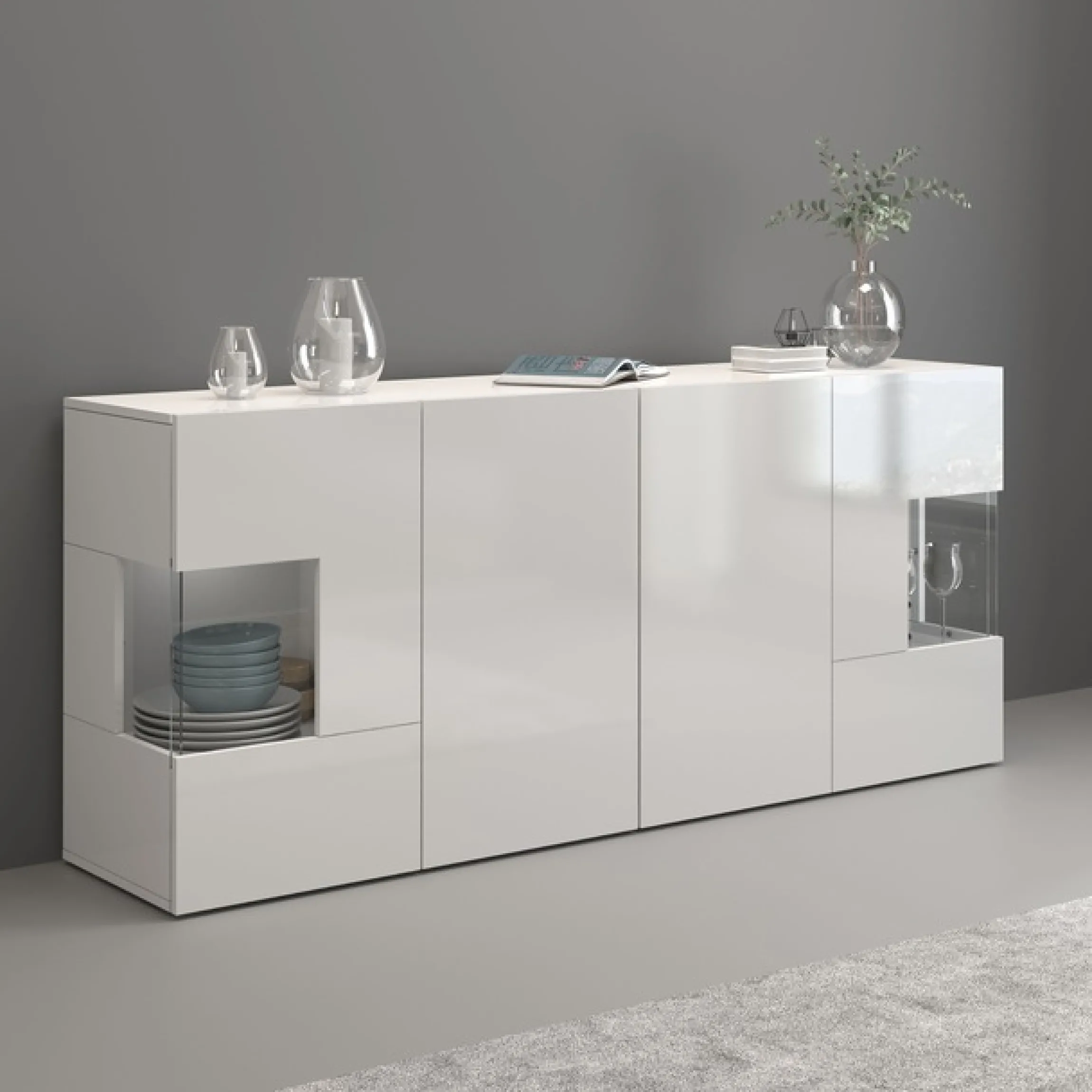 OTTO home Sideboard »Egypt, Kommode, Schrank, Kredenz, Vitrine grifflos« 4 Türen davon 2 mit Glaseinsatz, kompl. Hochglanz lackiert, Breite 180