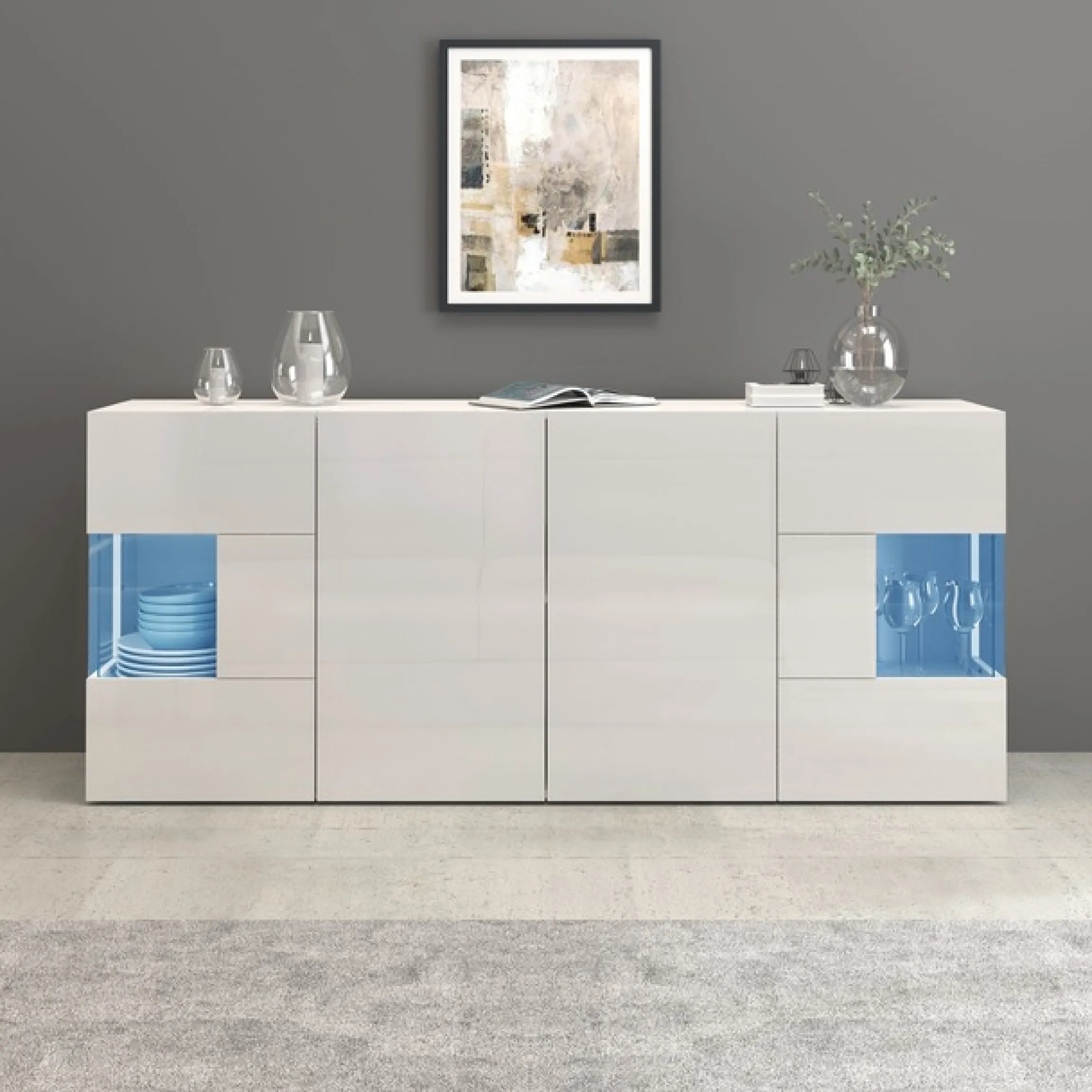 OTTO home Sideboard »Egypt, Kommode, Schrank, Kredenz, Vitrine grifflos« 4 Türen davon 2 mit Glaseinsatz, kompl. Hochglanz lackiert, Breite 180