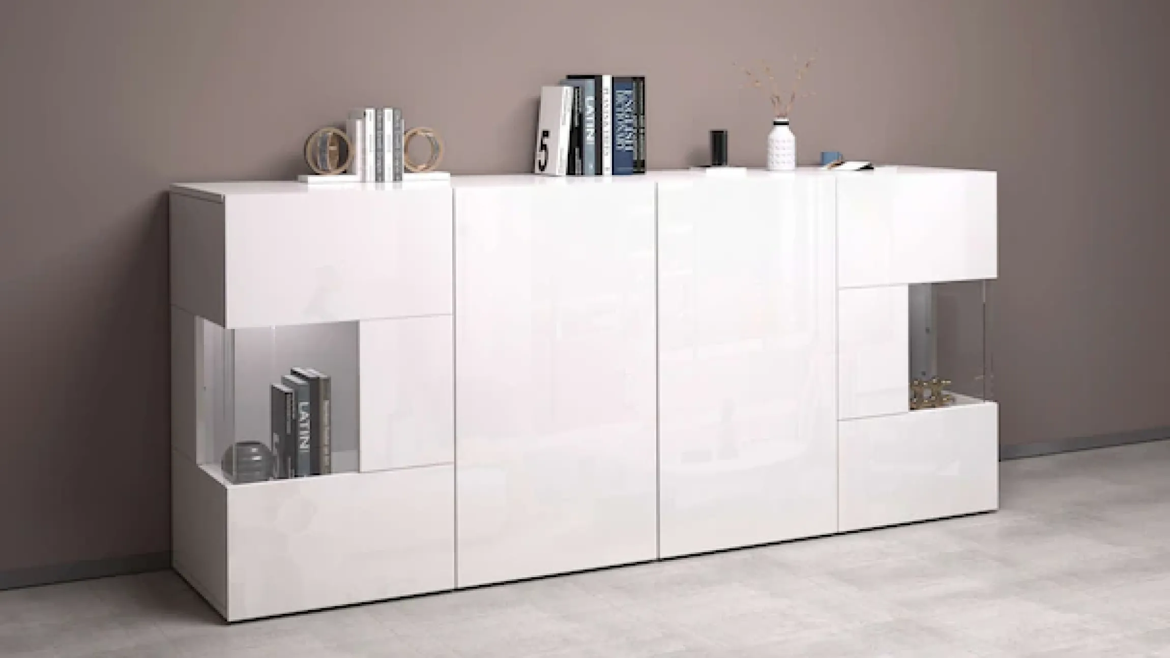 OTTO home Sideboard »Egypt, Kommode, Schrank, Kredenz, Vitrine grifflos« 4 Türen davon 2 mit Glaseinsatz, kompl. Hochglanz lackiert, Breite 180