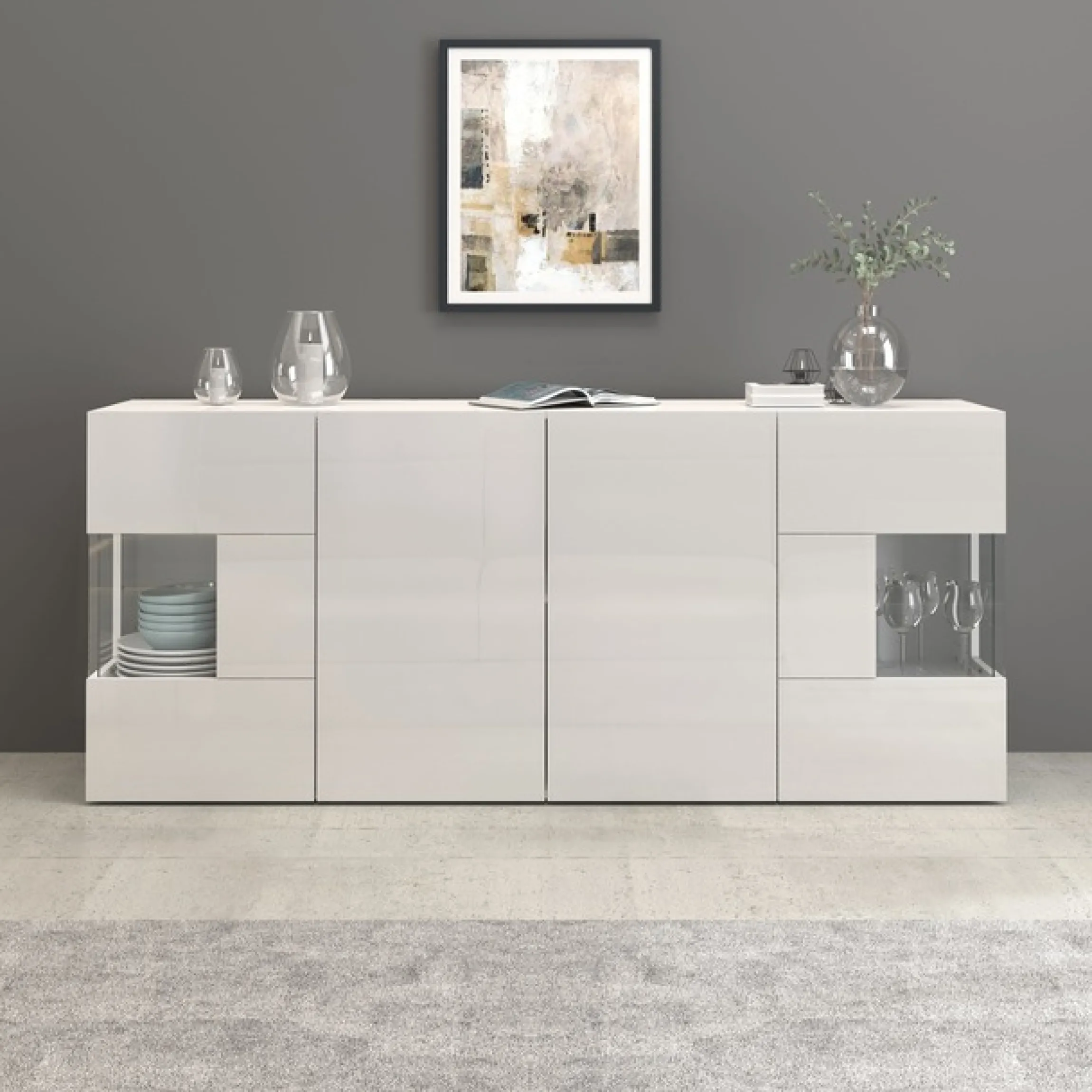 OTTO home Sideboard »Egypt, Kommode, Schrank, Kredenz, Vitrine grifflos« 4 Türen davon 2 mit Glaseinsatz, kompl. Hochglanz lackiert, Breite 180