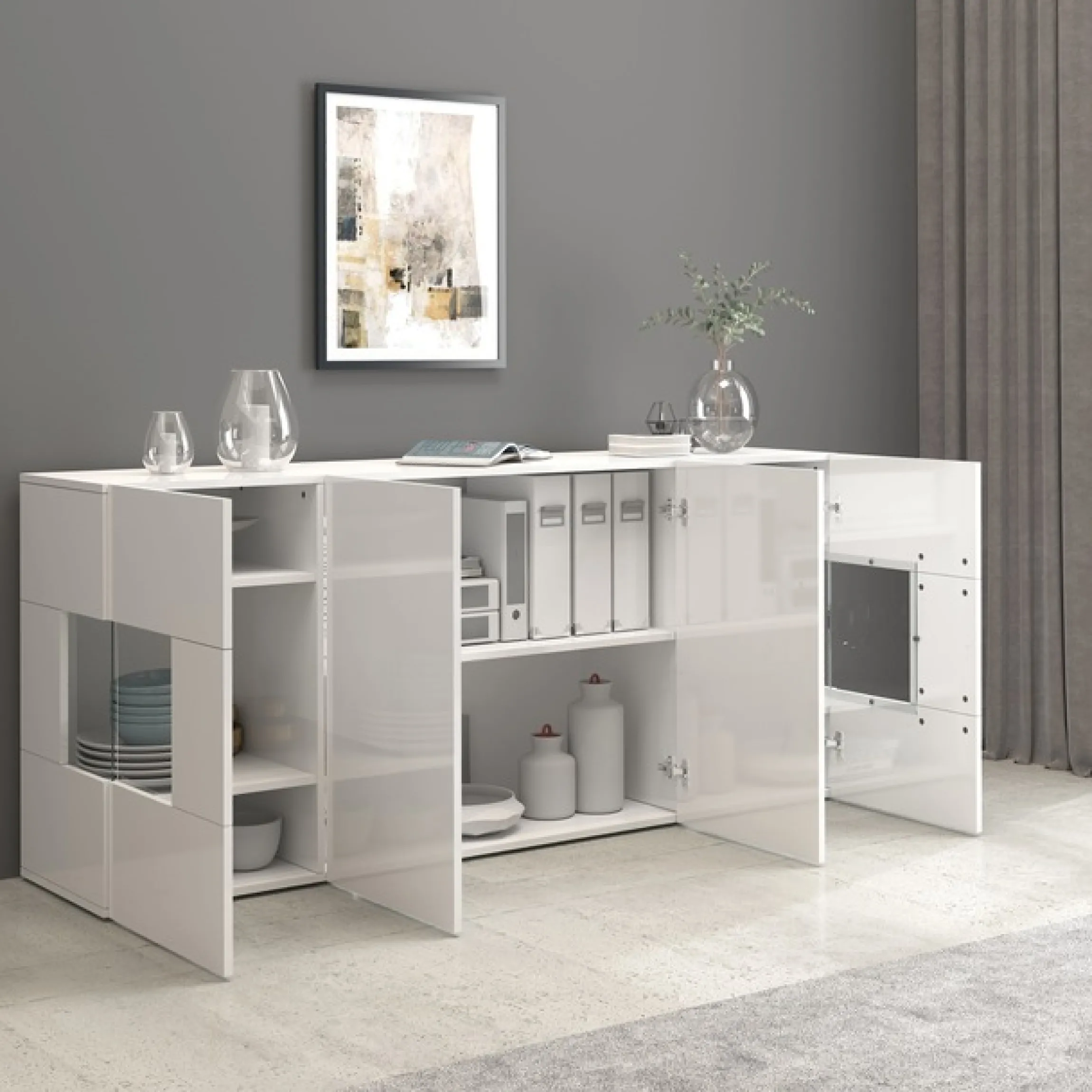OTTO home Sideboard »Egypt, Kommode, Schrank, Kredenz, Vitrine grifflos« 4 Türen davon 2 mit Glaseinsatz, kompl. Hochglanz lackiert, Breite 180