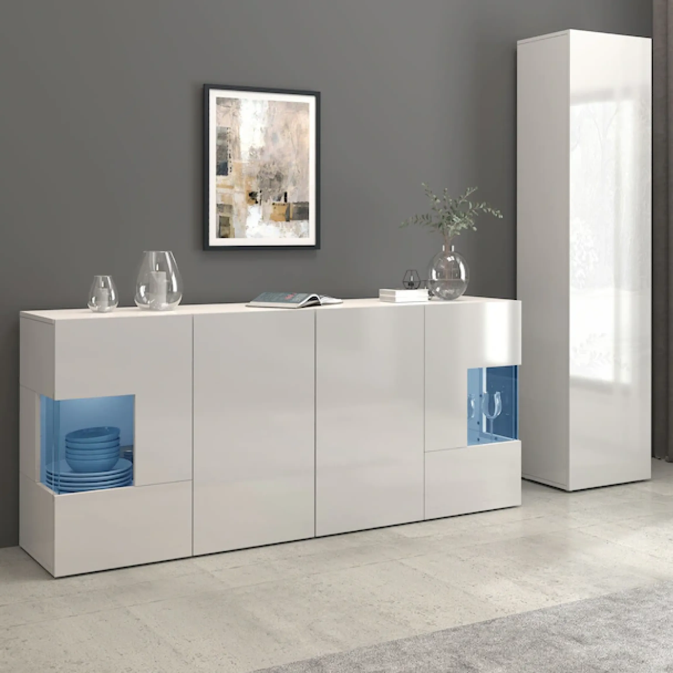OTTO home Sideboard »Egypt, Kommode, Schrank, Kredenz, Vitrine grifflos« 4 Türen davon 2 mit Glaseinsatz, kompl. Hochglanz lackiert, Breite 180
