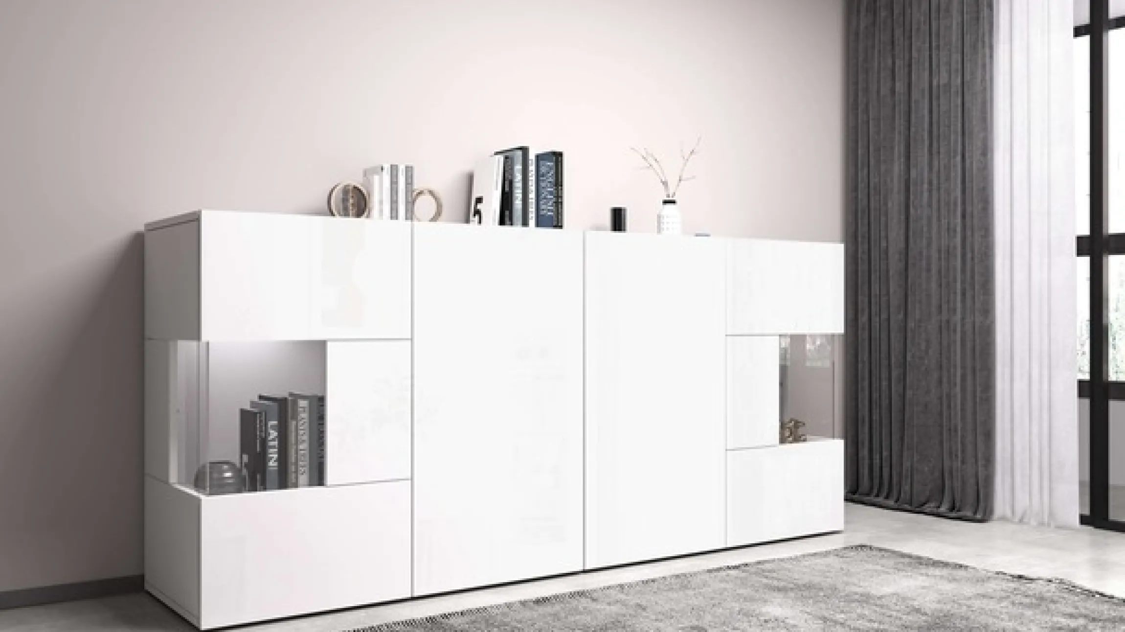 OTTO home Sideboard »Egypt, Kommode, Schrank, Kredenz, Vitrine grifflos« 4 Türen davon 2 mit Glaseinsatz, kompl. Hochglanz lackiert, Breite 180