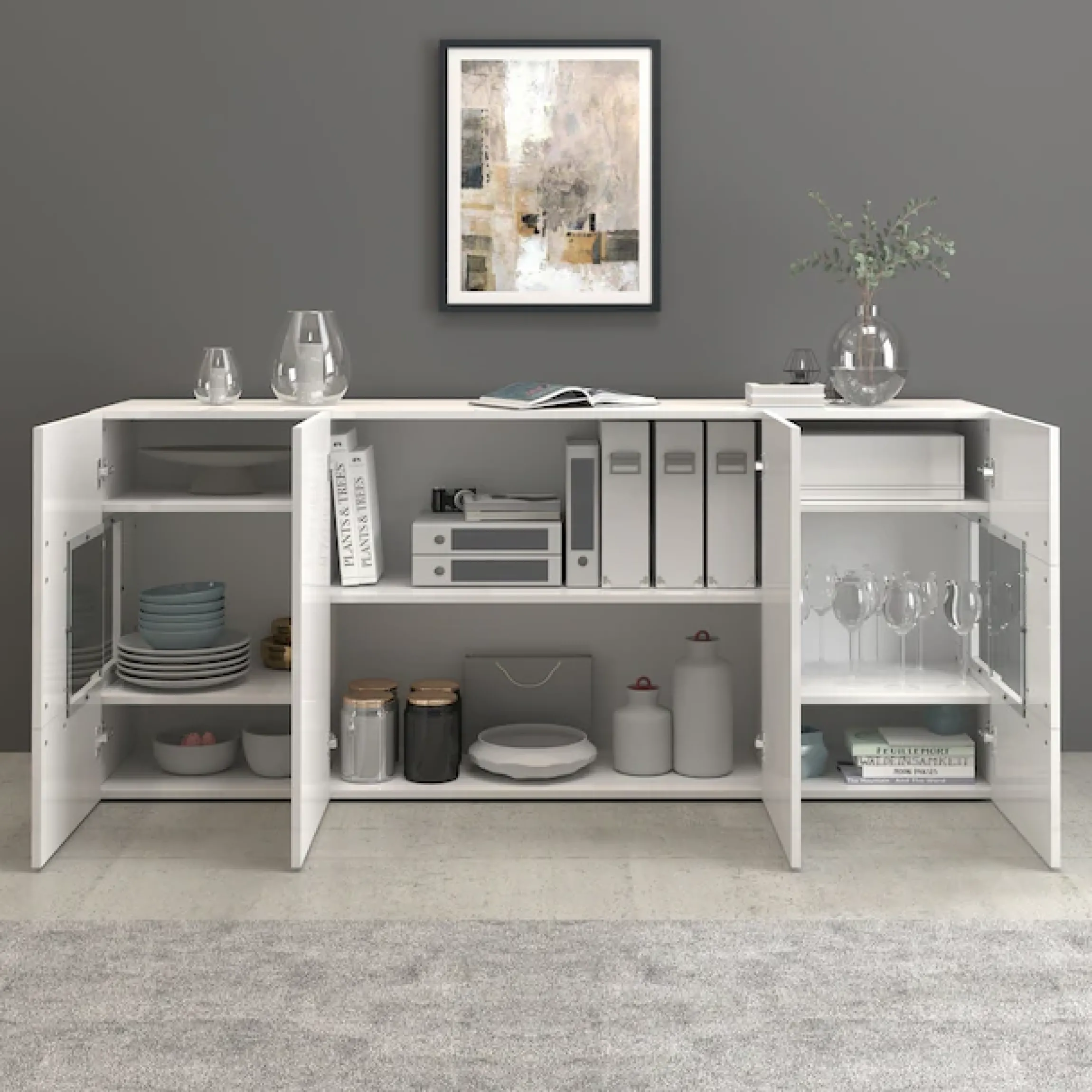 OTTO home Sideboard »Egypt, Kommode, Schrank, Kredenz, Vitrine grifflos« 4 Türen davon 2 mit Glaseinsatz, kompl. Hochglanz lackiert, Breite 180