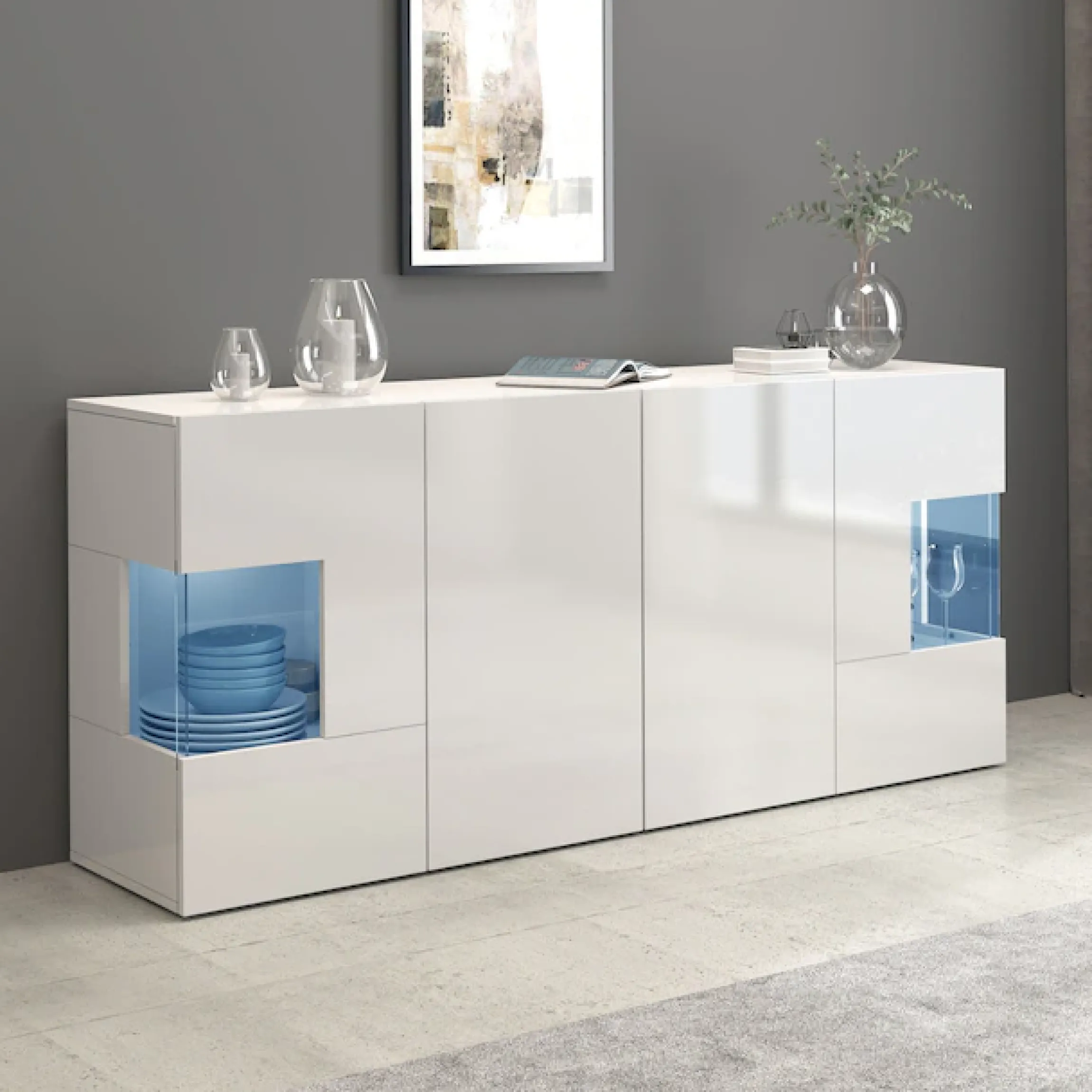 OTTO home Sideboard »Egypt, Kommode, Schrank, Kredenz, Vitrine grifflos« 4 Türen davon 2 mit Glaseinsatz, kompl. Hochglanz lackiert, Breite 180