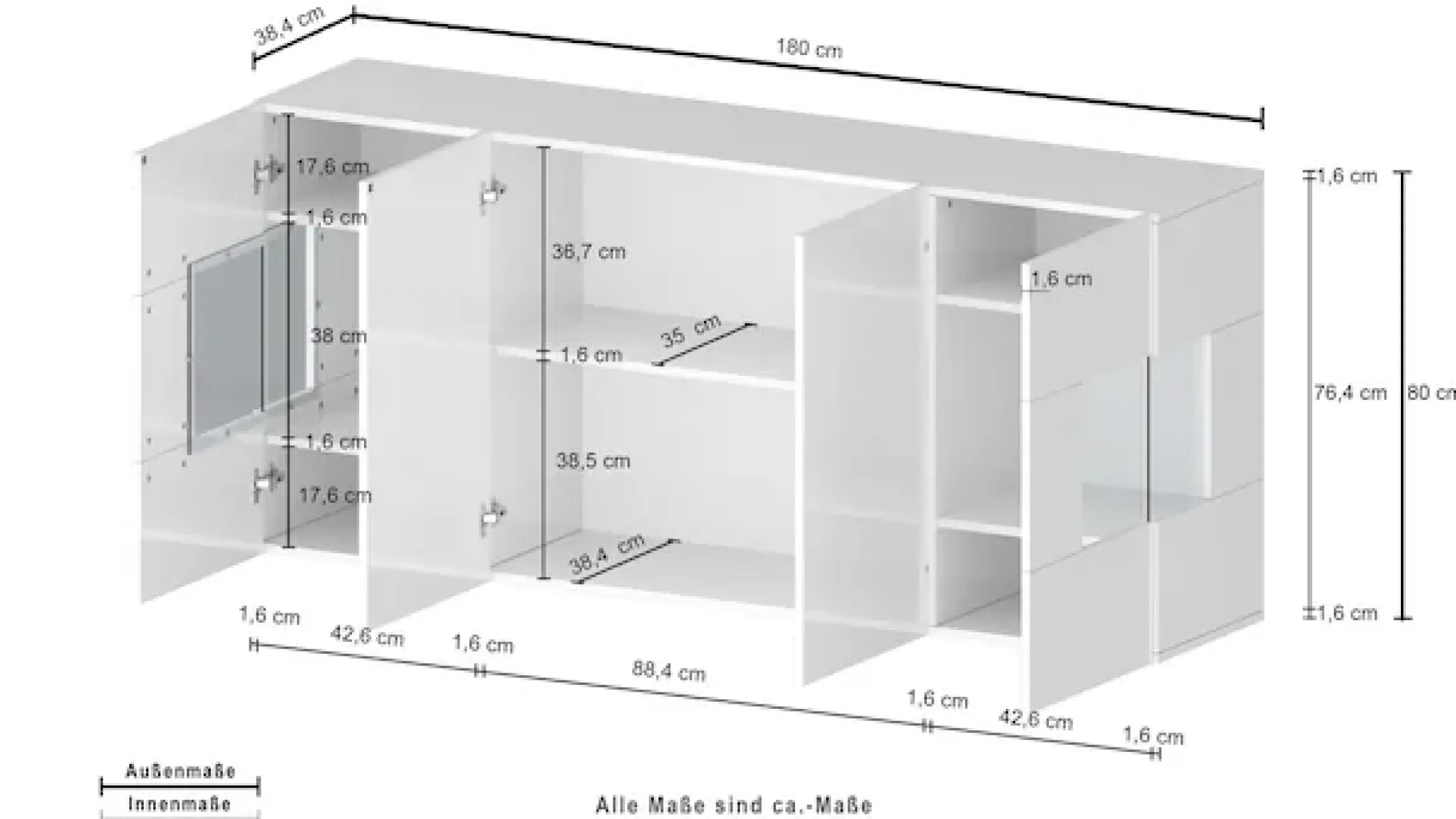 OTTO home Sideboard »Egypt, Kommode, Schrank, Kredenz, Vitrine grifflos« 4 Türen davon 2 mit Glaseinsatz, kompl. Hochglanz lackiert, Breite 180