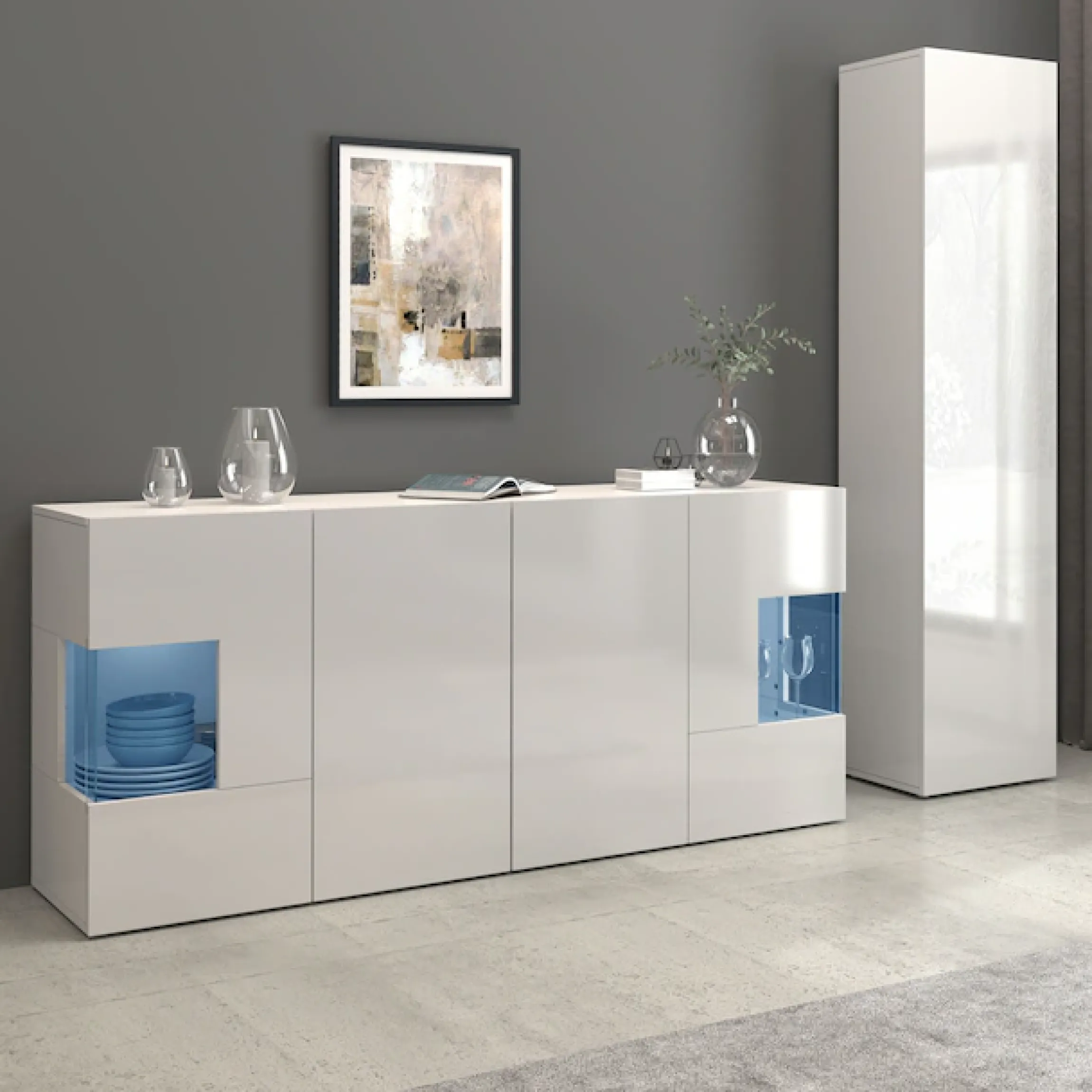 OTTO home Sideboard »Egypt, Kommode, Schrank, Kredenz, Vitrine grifflos« 4 Türen davon 2 mit Glaseinsatz, kompl. Hochglanz lackiert, Breite 180