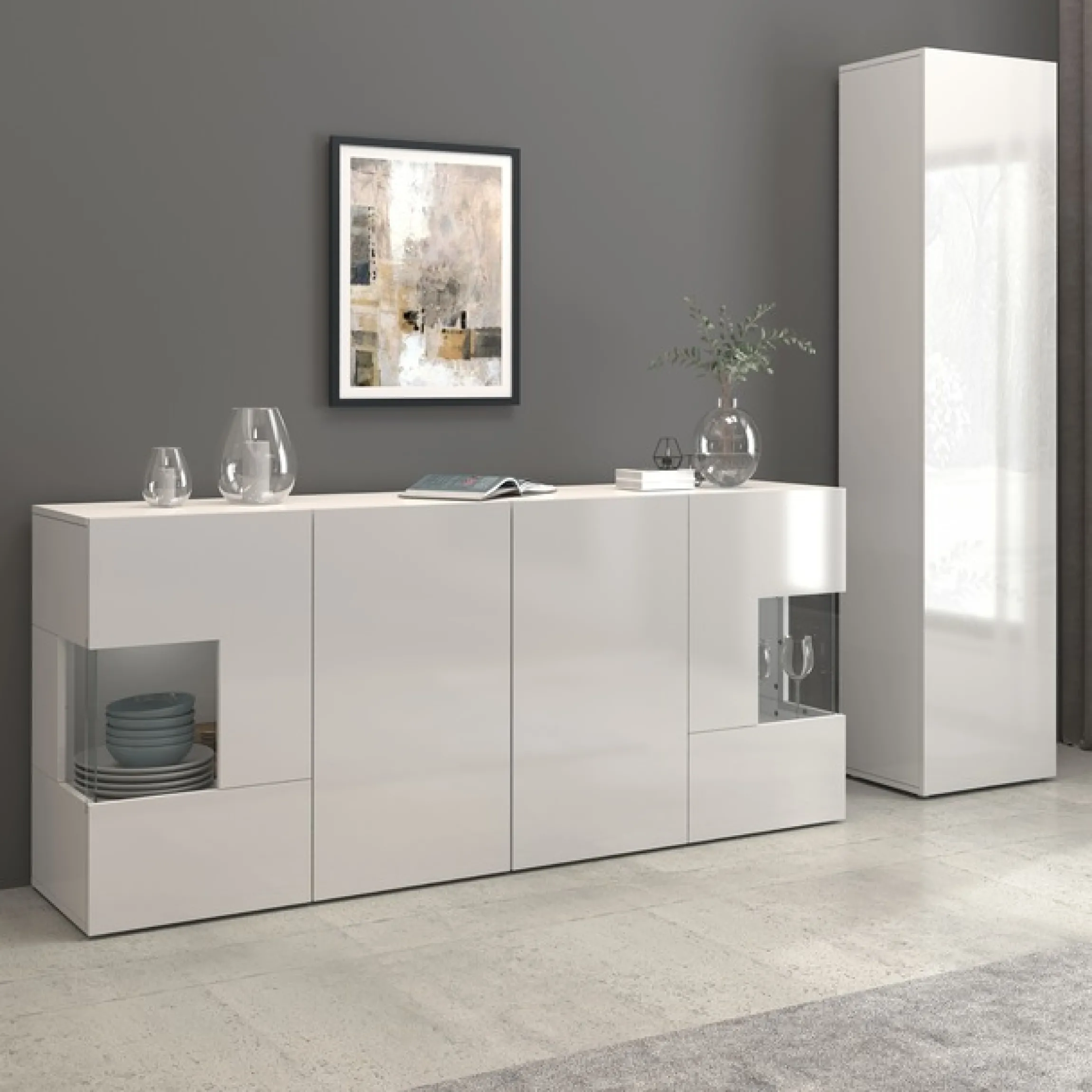 OTTO home Sideboard »Egypt, Kommode, Schrank, Kredenz, Vitrine grifflos« 4 Türen davon 2 mit Glaseinsatz, kompl. Hochglanz lackiert, Breite 180