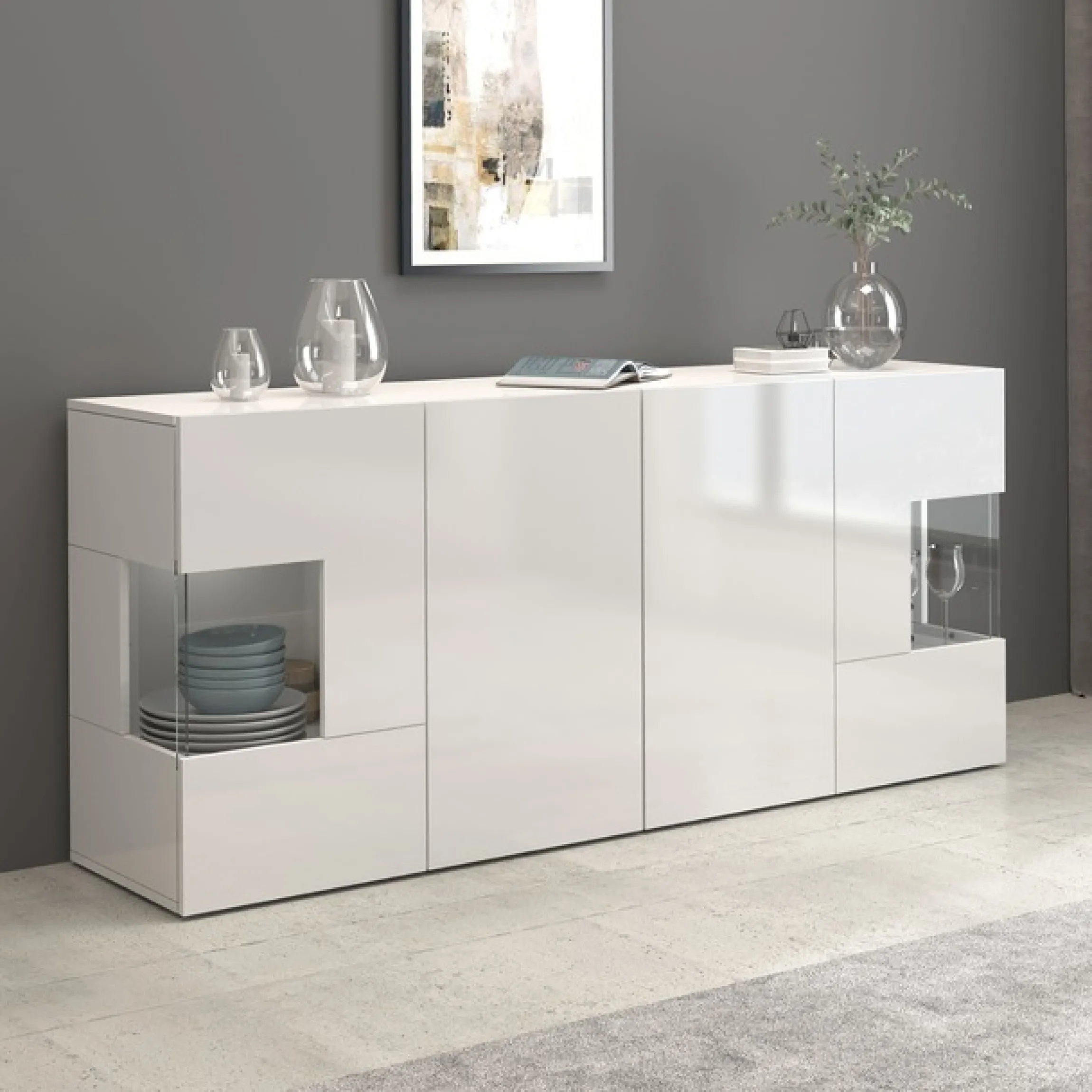 OTTO home Sideboard »Egypt, Kommode, Schrank, Kredenz, Vitrine grifflos« 4 Türen davon 2 mit Glaseinsatz, kompl. Hochglanz lackiert, Breite 180