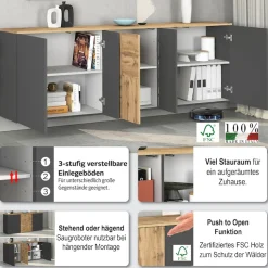 OTTO home Sideboard »ISEO, Kommode, Schrank, Sideboard, Lowboard, 6 Fächer, Breite 200 cm« 1 Stk. tlg. stehend/hängend, 5 Türen, 6 Fächer, Breite 200 cm