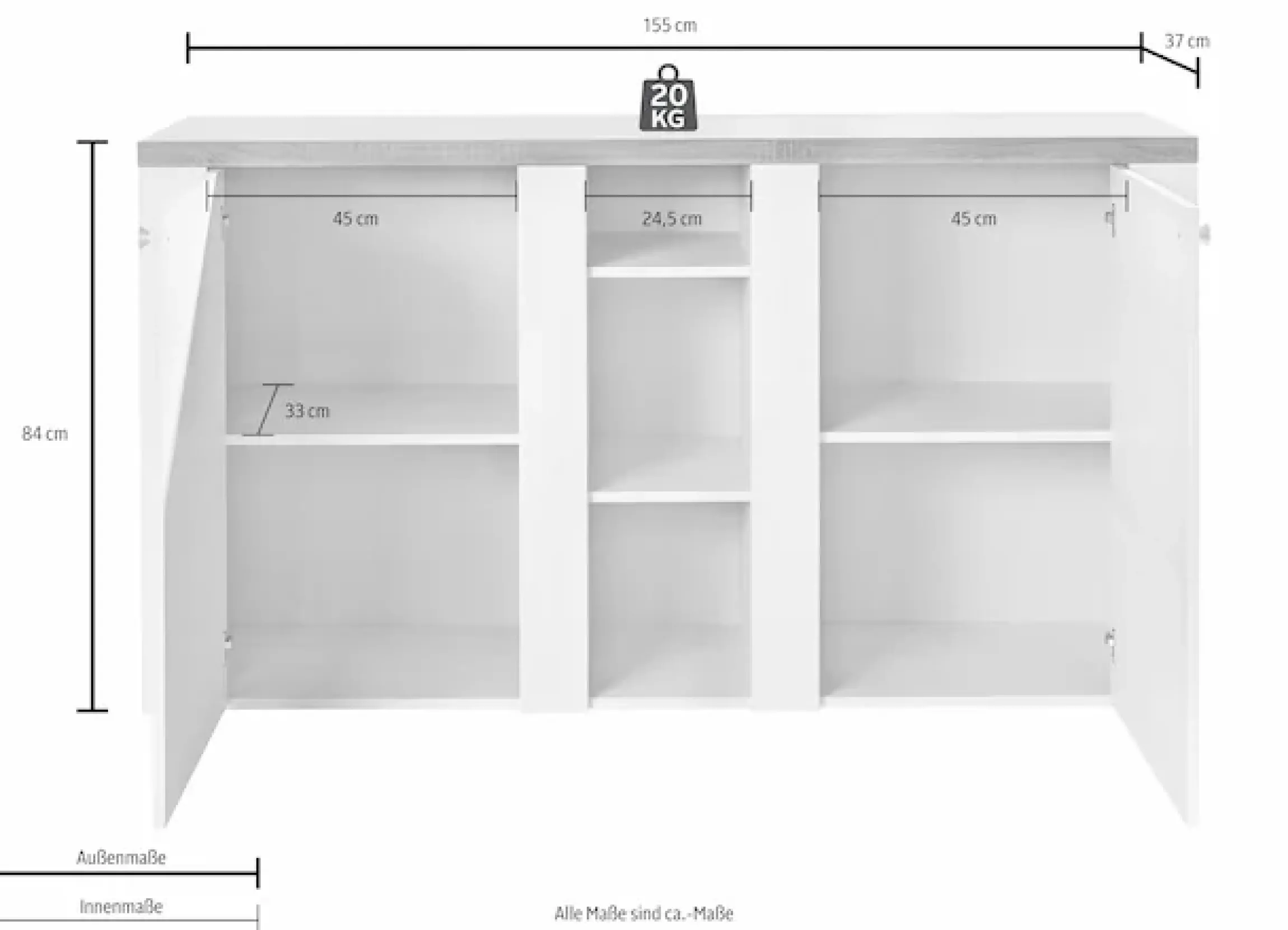 OTTO home Sideboard »Larona, zeitlose Kommode mit 2 Türen, Türkommode, Breite 155 cm,« Höhe 84 cm, viel Stauraum, Anrichte mit dekorativer Rahmenoptik