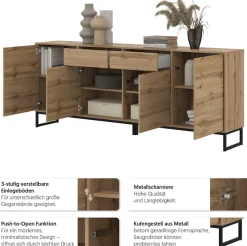 OTTO home Sideboard »Loft, Breite 208,5 cm, grifflose Kommode 4 Türen/2 Schubkästen.« Schubladenschrank mit viel Stauraum, Einlegeböden verstellbar