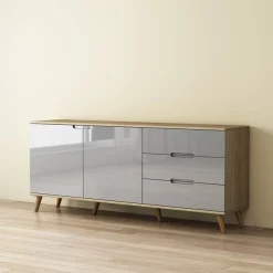 OTTO home Sideboard »Lund« mit glänzenden Fronten, Griffmulden, helles Holzdekor, Breite 180 cm