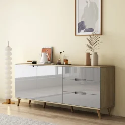 OTTO home Sideboard »Lund« mit glänzenden Fronten, Griffmulden, helles Holzdekor, Breite 180 cm