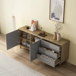 OTTO home Sideboard »Lund« mit glänzenden Fronten, Griffmulden, helles Holzdekor, Breite 180 cm