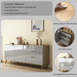 OTTO home Sideboard »Lund« mit glänzenden Fronten, Griffmulden, helles Holzdekor, Breite 180 cm