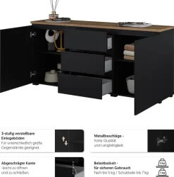 OTTO home Sideboard »Modo, Breite 150 cm, moderne grifflose Kommode 2Türen/3 SK« Schubladenkommode mit viel Stauraum, Einlegeböden verstellbar
