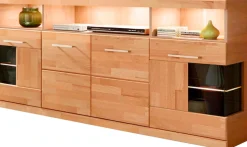 OTTO home Sideboard »RIBE20 Fronten massiv,Korpus Melamin, 2 Türen mit Glaseinsatz« B/T/H: 180/35/80cm, 3 offene Fächer und 6 geschlossene, Kernbuche
